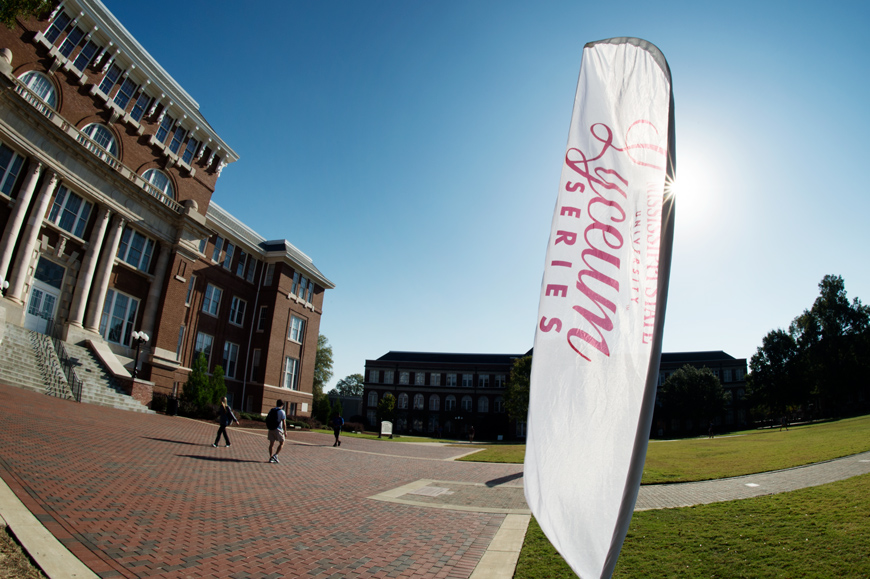 Lyceum Series Banners wave in the breeze outside Lee Hall to promote that night&amp;#039;s performance of Capital Steps
