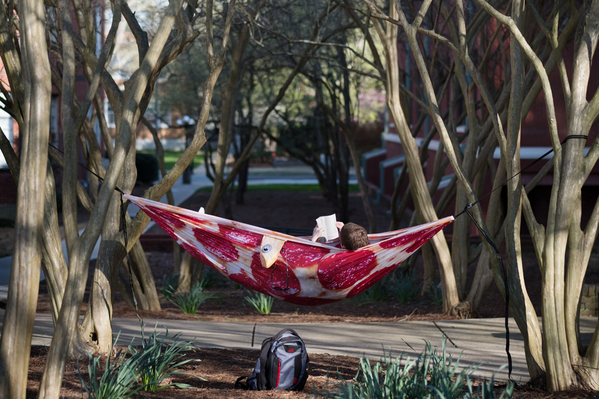 A student reads a book reclined in a hammock strung between crepe myrtle trees next to the Library.