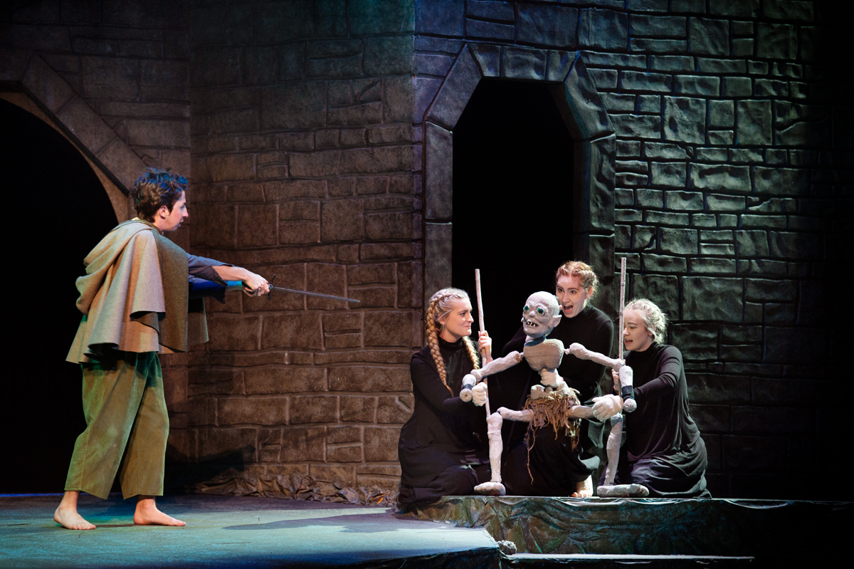 Bilbo Baggins confronts Gollum (operated by 3 puppeteers) on the McComas Stage.