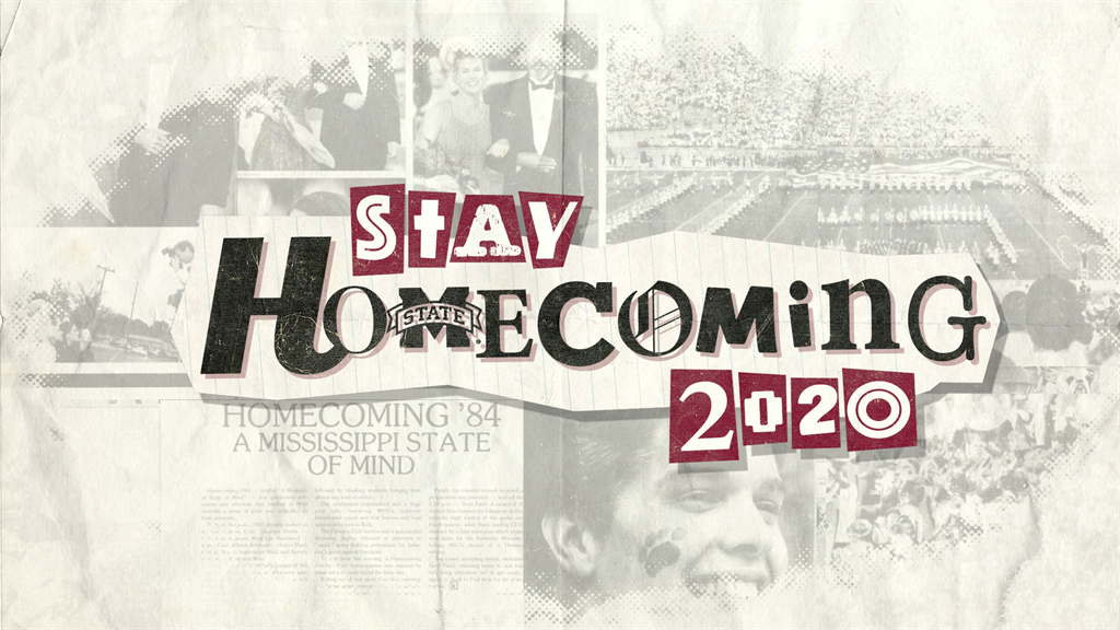 Images of the 1984 MSU Homecoming Queen, a Bulldog student and Scott Field at Davis Wade Stadium