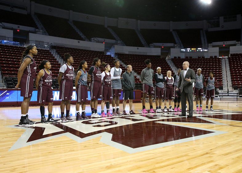 Starkville Mayor Parker Wiseman talks to the MSU women’s basketball team on Wednesday after issuing a mayoral proclamation declaring March 17-19 as MSU Women’s Basketball Team Weekend. (Photo by Kelly Price)
