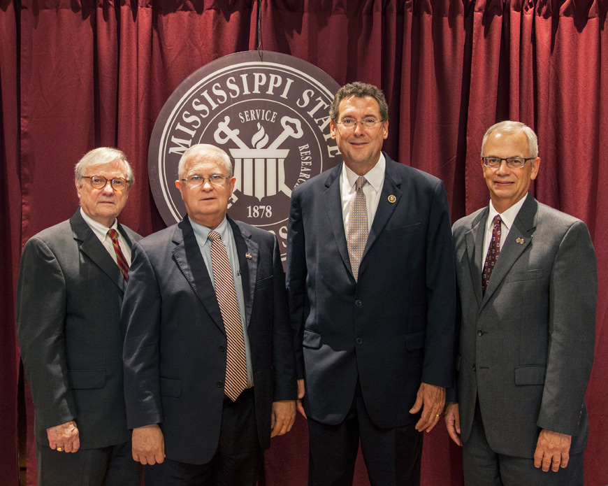 The late congressman and MSU alumnus G.V. “Sonny” Montgomery recently was honored with the opening of the Montgomery Congressional Research Collection at Mitchell Memorial Library. Taking part in the ceremony were (l-r) Robert J. “Bob” Bailey, president emeritus of the Meridian-based Montgomery Foundation; Kyle Steward, MSU executive director of external affairs and former senior Montgomery staff member; U.S. Rep. Gregg Harper; and Jerry Gilbert, MSU provost and executive vice president.