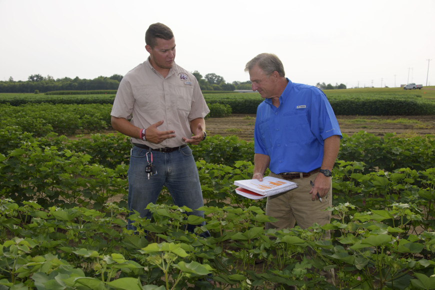 Mississippi State graduate student John Buol, left, recipient of the Will D. Carpenter Distinguished Field Scientist Graduate Assistantship, and Monsanto Co. researcher Anthony Mills, worked together this summer at the university’s R.R. Foil Plant Science Research Center.