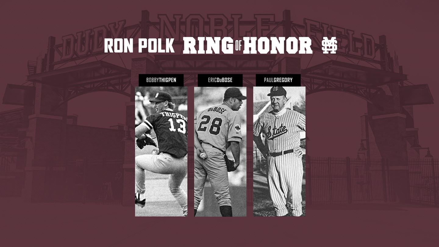 Maroon graphic with images of new Ron Polk Ring of Honor inductees Bobby Thigpen, Eric DuBose and Paul Gregory 