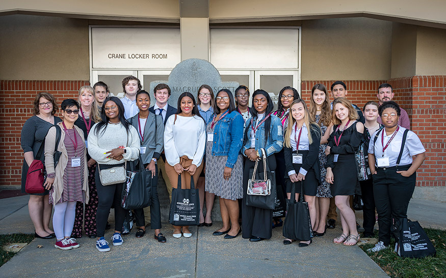 The 2019 World Food Prize Mississippi Youth Institute Borlaug Scholars with their teachers and mentors include: Front row (left to right): Annette Glover (teacher, Golden Triangle Early College High School); Mylor Hammond; Alexandra Magee; Jilkiah Bryant; Samya Brooks; Aymelia Stevenson; Sarina Dale; Destiny Jones; Abby Romig; and Keith Peoples. Back row (left to right): Toni Buchanan (teacher, Clarkdale High School); Tina Gibson (teacher, Mississippi School for Mathematics and Science); Alex Provencher; Gabriel Phillips; Curt Todd III; Kayann Matlock; Frederica Hargrove; Roslyn Butler; Mary Redman; Ashref Abdulla; and Mark Dale (parent mentor). Not pictured is Dennis Lee. (Photo by David Ammon)