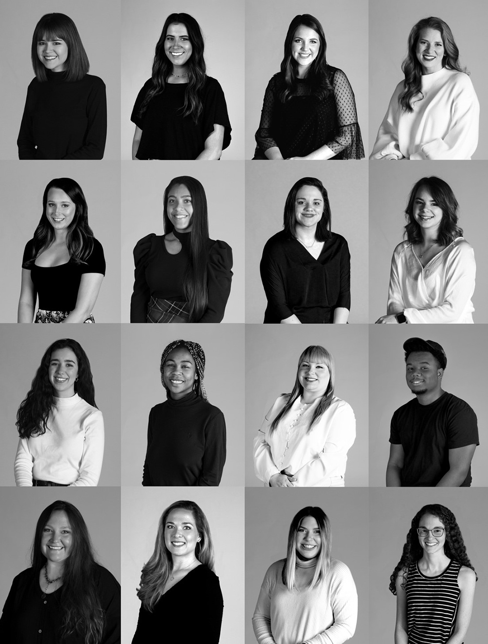 Black and white photo grid of MSU's 2020 Graphic Design Thesis student exhibitors