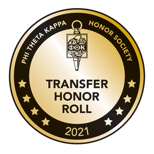A black and gold seal signifying the university's Transfer Honor Roll status for 2021
