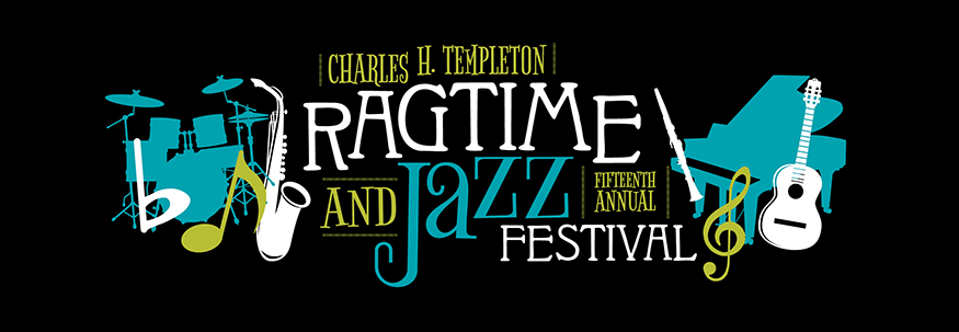 Templeton Ragtime and Jazz Festival graphic with lime green, teal and black lettering on a white background