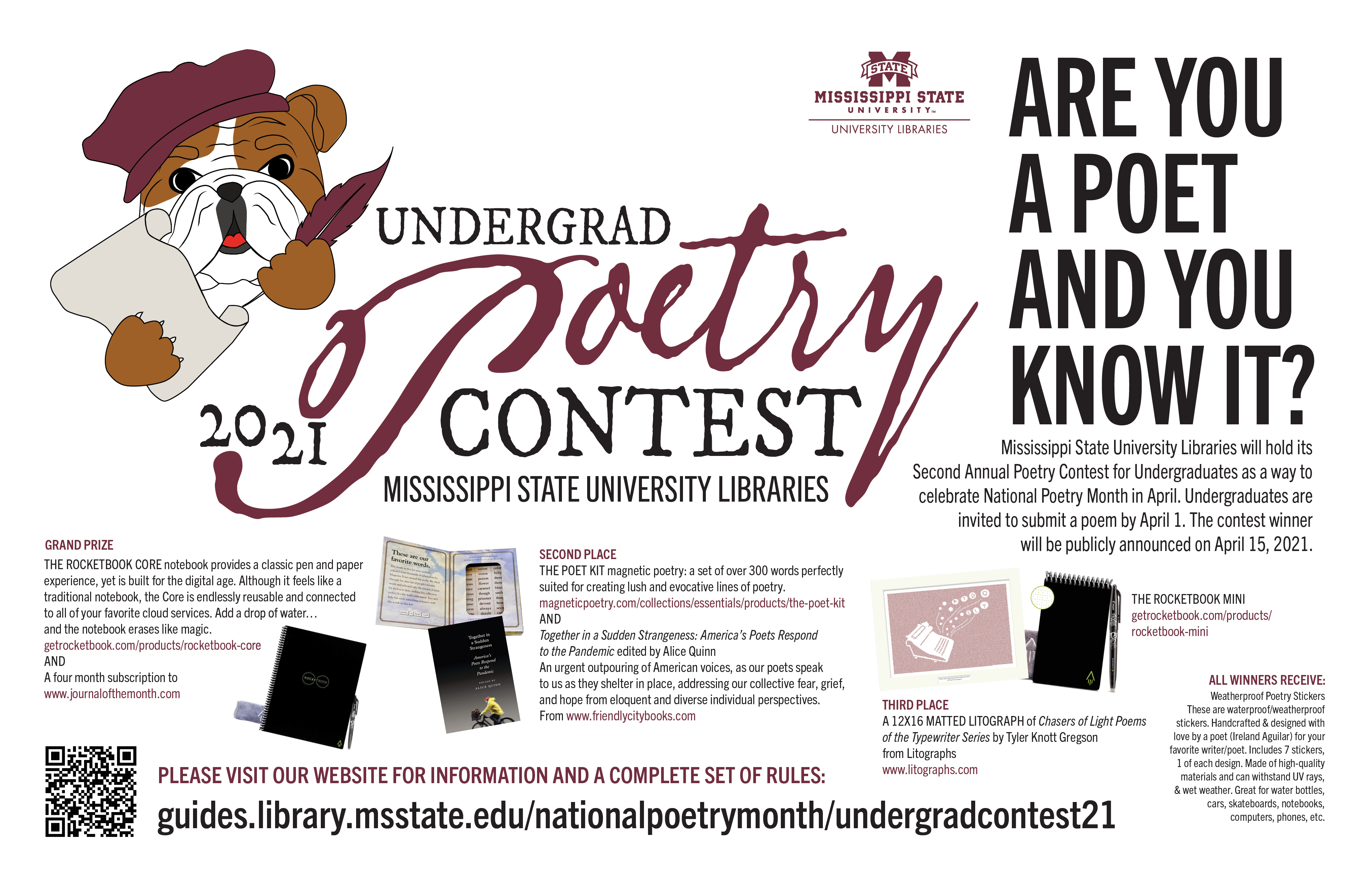 National Poetry Month Undergraduate Poetry Contest graphic with a Bulldog wearing a maroon beret and holding a white piece of paper and maroon-feathered quill pen