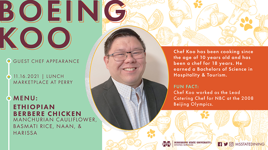 Green, orange and yellow graphic promoting guest chef Boeing Koo's special appearance during International Education Week at MSU