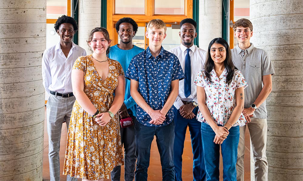 From left to right, students participating in the Research and Extension Experiences for Undergraduates program include Eric Brannon, Alabama A&M University; Megan Berry, MSU; Devon Mabry, Coahoma Community College; Paul Gramelspacher, MSU; Adrian Rhoden, Alabama A&M University; Surabhi Gupta, MSU; and Carson Bedics, Auburn University. 