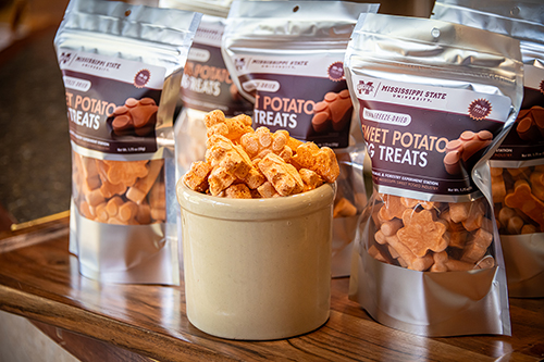 A bag of MSU's new Sweet Potato Dog Treats