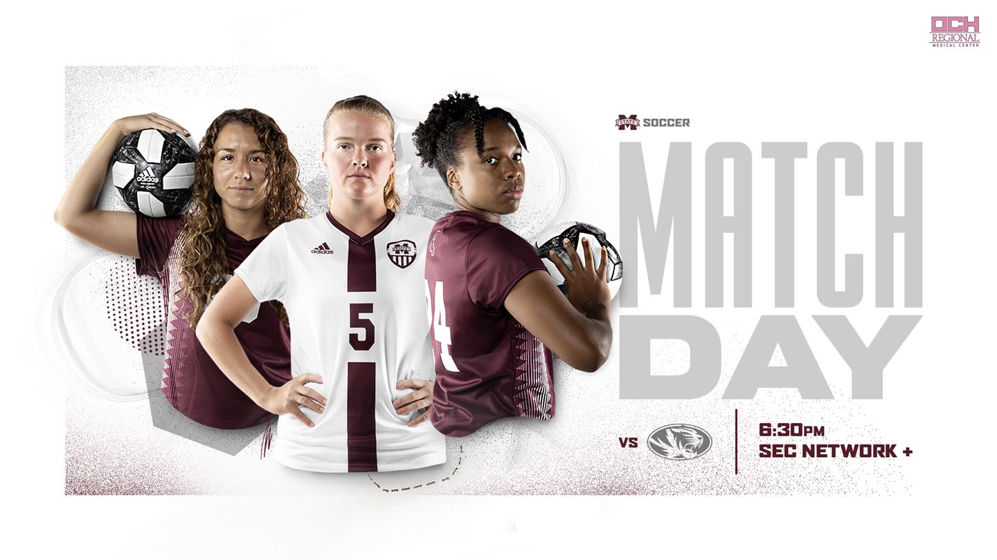 Three MSU soccer players are pictured, two holding soccer balls and one with her hands on her hips