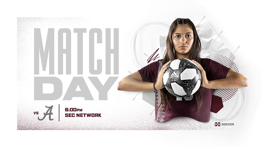 An MSU soccer player holds an Adidas soccer ball on a graphic promoting MSU vs. Alabama gameday.