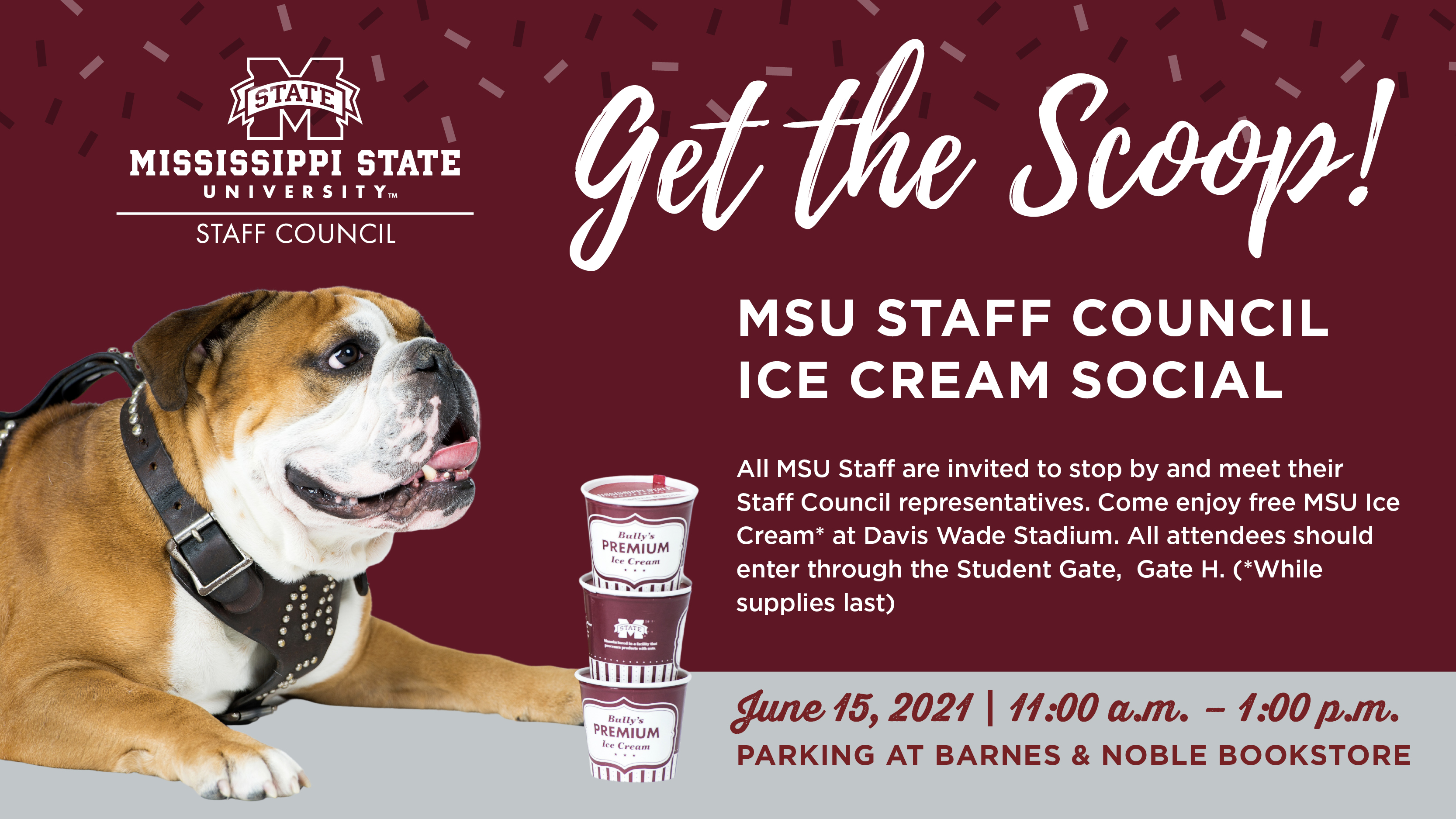 A maroon graphic with Jak the Bulldog pictured near a stack of three Bully's Premium Ice Cream cups