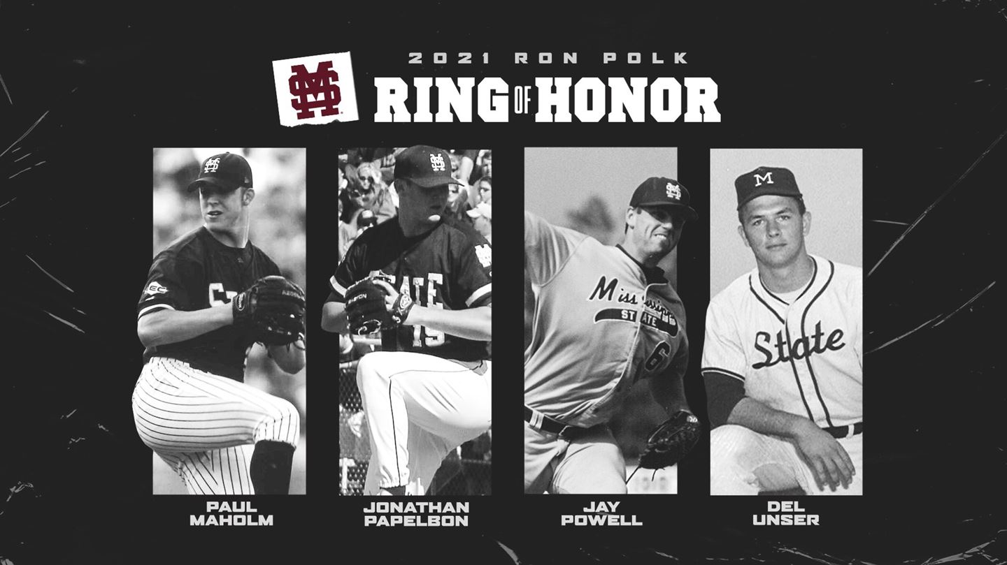Photos of 2021 Ron Polk Ring of Honor inductees Paul Maholm, Jonathan Papelbon, Jay Powell and Del Unser