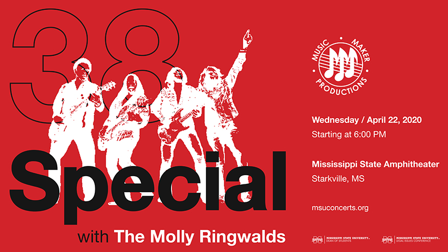 Bright red promotional graphic for 38 Special and The Molly Ringwalds concert at MSU