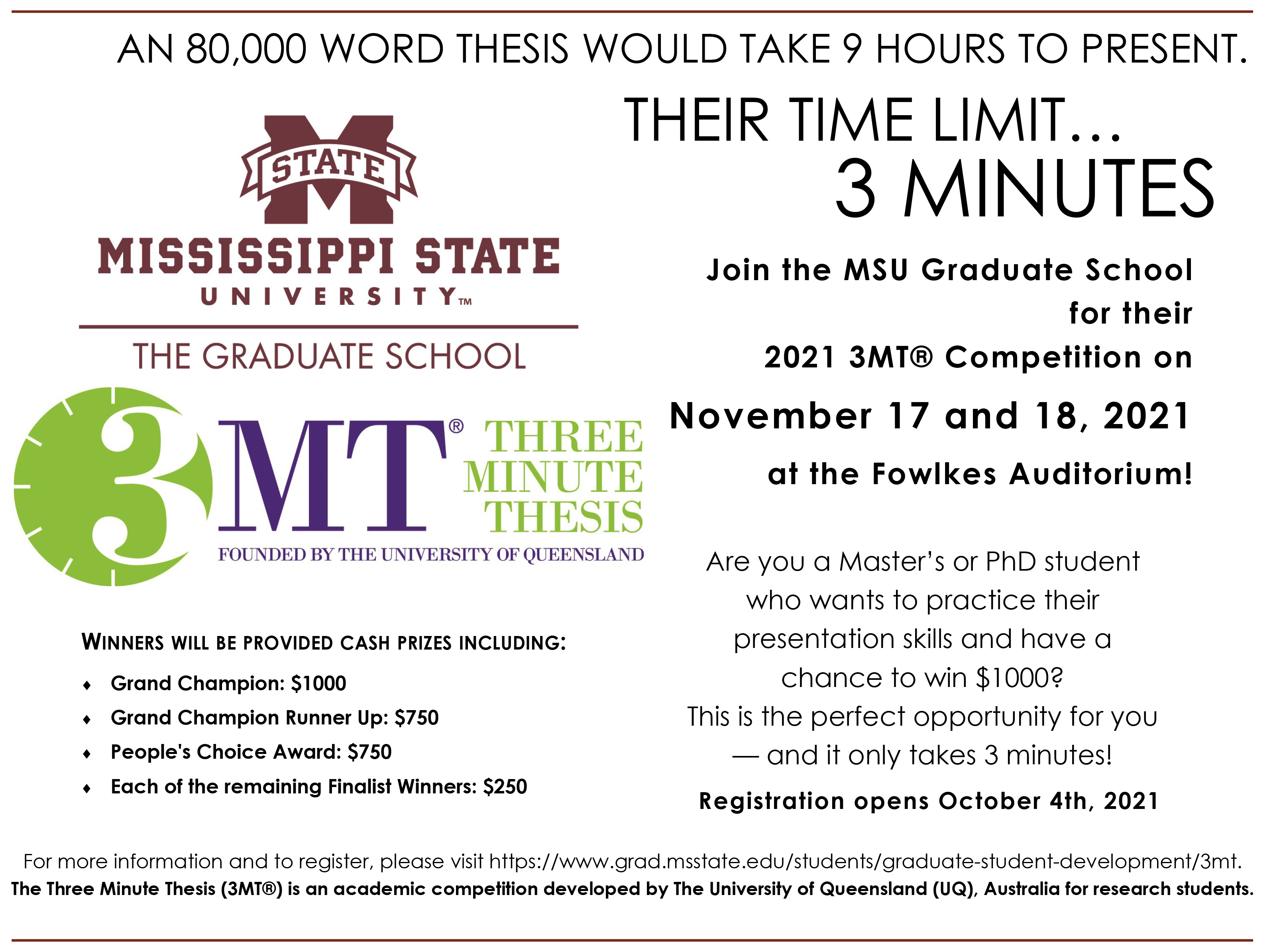 Graphic with details for MSU's 2021 Three Minute Thesis Competition