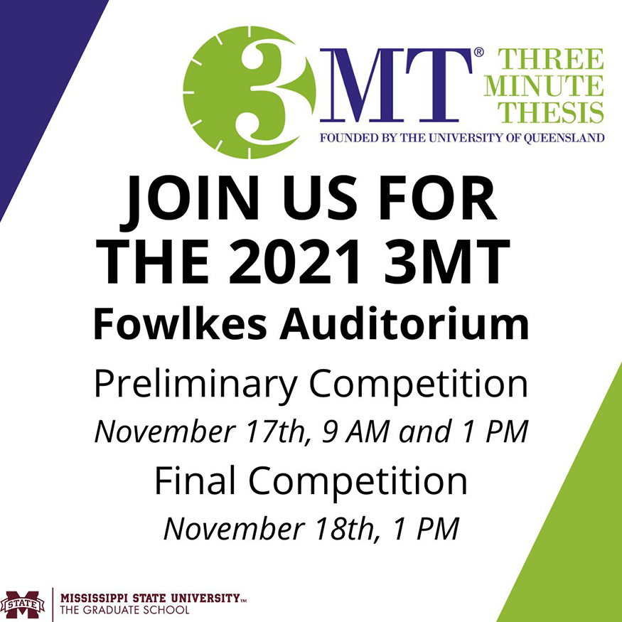 Graphic with details for MSU's 2021 Three Minute Thesis Competition