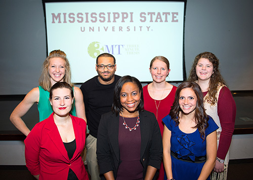 Finalists at MSU’s fifth annual Three Minute Thesis competition included (front row, from left to left) Allison Julien; Courtney Hunter; Saira Talwar  (back row, from left to right) Lydia Jordan; DJ Galvez; Cori Speights, People’s Choice Award winner; and Chloe Henson, Grand Champion Runner-Up. Not pictured are John Buol and Abdalla Sherif. (Photo by Russ Houston)