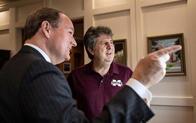 MSU President Mark Keenum with Head Coach Mike Leach on his first day on the job in 2020.