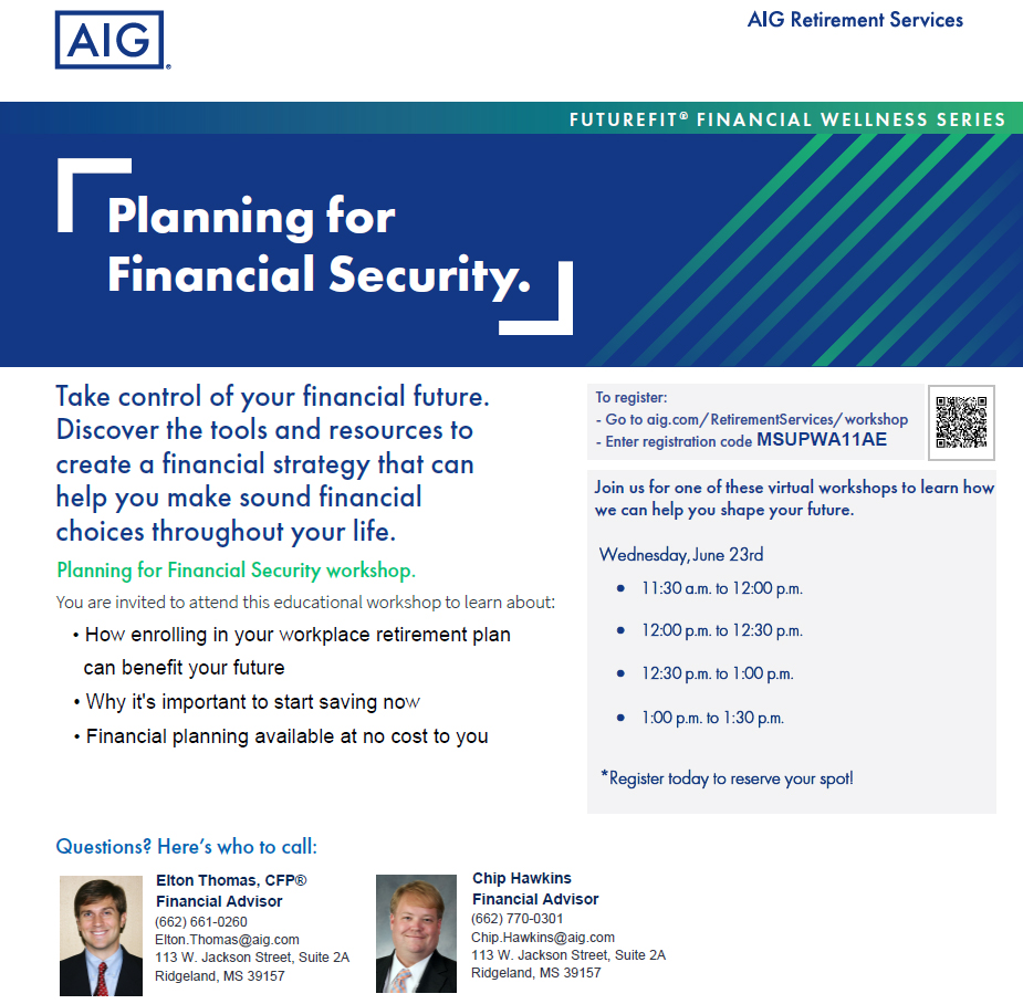 Planning for Financial Security graphic with studio portraits of AIG financial advisors Elton Thomas and Chip Hawkins