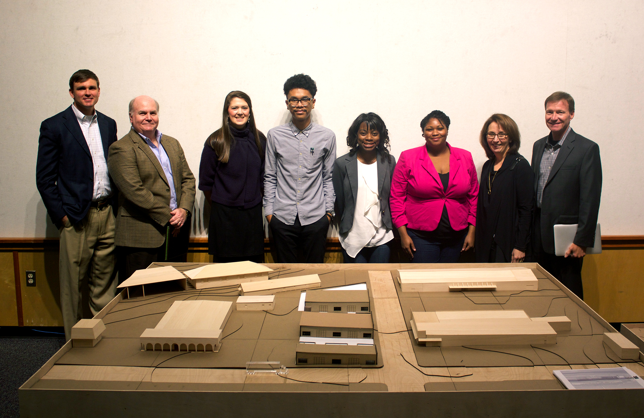 A studio class of fourth-year architectures majors at MSU recently developed ideas for a recycle-reuse process known as functional symbiosis. Among winners were (third from left to right) Megan Vansant, Kevin Flores, Aryn Phillips and Nenyatta Smith. Also pictured are (far left) project juror Patrick Sullivan and former MSU architecture major Keith Findley. With them are (at far right) juror Daria Pizzetta of H3 Hardy Collaboration and architect Jim Findley, an MSU alumnus.