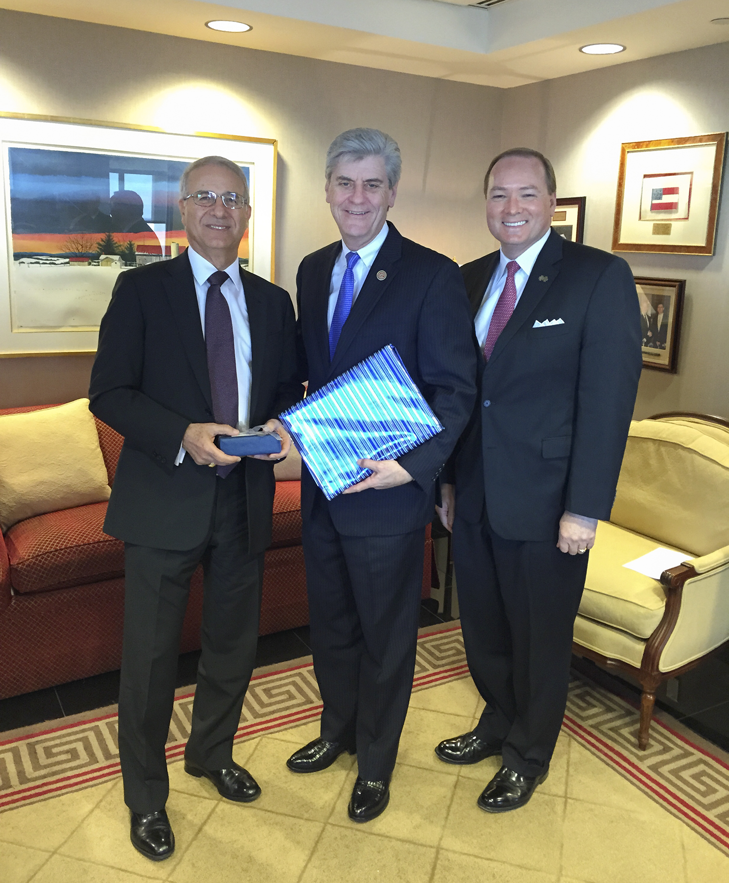 Moroccan Ambassador Rachad Bouhlal (l-r), Gov. Phil Bryant and Mississippi State University President Mark E. Keenum met in Jackson on Wednesday [Jan 21.] The International Institute at MSU sponsored the ambassador's trip to Mississippi.