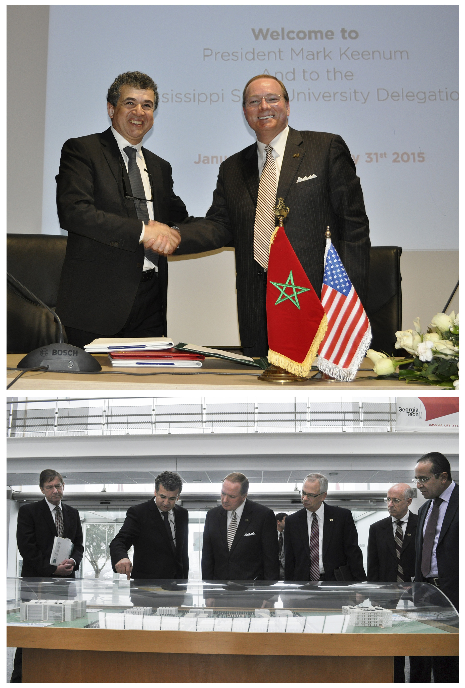 Top: UniversitÃ© Internationale de Rabat President Noureddine Mouaddib and Mississippi State University President Mark E. Keenum shake hands after signing a new memorandum of understanding Jan. 28 in Rabat, Morocco.</p><br />
<p>Below: MSU and UIR administrators look at institutional plans as UIR President Noureddine Mouaddib, second from left, explains details of a campus model. Looking on are, from left, Gregory Bohach, MSU vice president for agriculture, forestry and veterinary medicine; Mouaddib; MSU President Mark E. Keenum; MSU Provost and Executive Vice President Jerry Gilbert; David Shaw, MSU vice president for research and economic development; and Abdelaziz Benjouad, UIR vice president of research and development.<br /><br />
