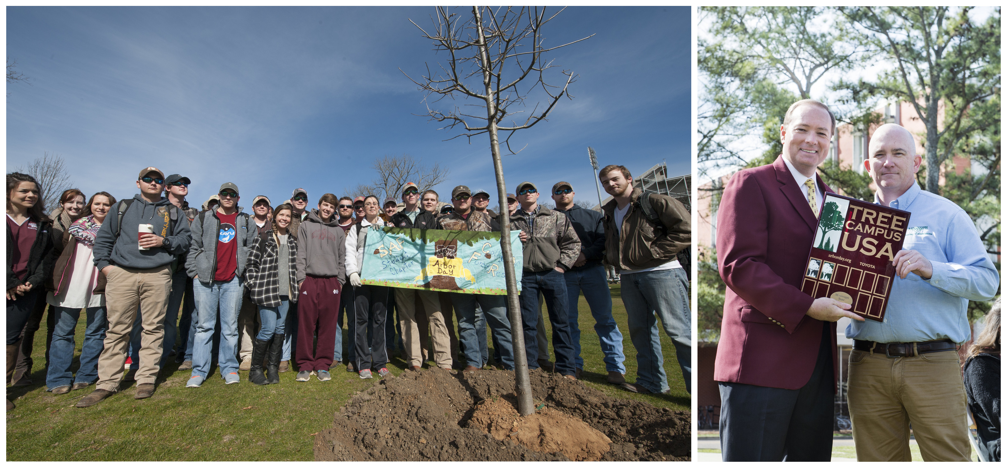 Left: Members of the university's student chapter of the Society of American Foresters planted an oak tree during the Feb. 13 Arbor Day celebration. Right: MSU President Mark E. Keenum, left, received a plaque from Todd Matthews, urban forestry coordinator with the Mississippi Forestry Commission, in recognition of the university's designation as a Tree Campus USA campus by the Arbor Day Foundation.