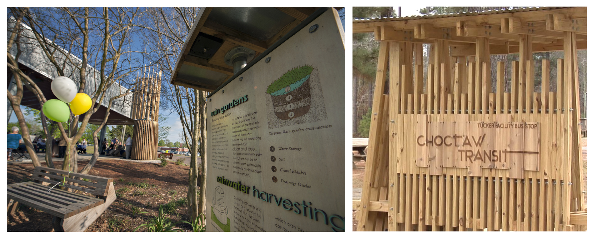 Mississippi State University faculty won the Association of Collegiate Schools of Architecture's Collaborative Practice Award for leadership in the design and construction of the Green Building Demonstration Pavilion, left, at Oktibbeha County Heritage Museum in Starkville. (Photo by Megan Bean.)</p><br /><br />
<p>MSU faculty received the ACSA Design Build Honorable Mention for development of public transit shelters, including the one shown at right, for the Mississippi Band of Choctaw Indians in Philadelphia. (Photo submitted.)<br /><br /><br />
