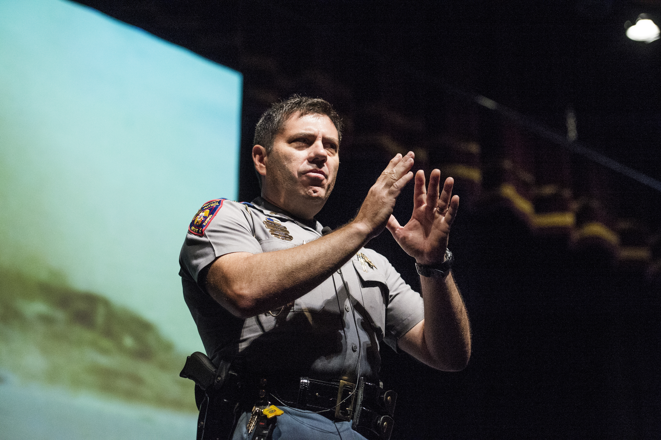 Lt. John Poulos, director of public affairs with the Mississippi Highway Safety Patrol, discussed his real-life experiences and observations during a program for Boys State delegates Saturday [May 30] at Mississippi State University.