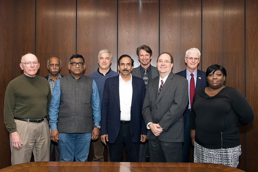 Researchers from India’s Jawaharlal Nehru University are visiting Mississippi State this week as the two institutions look to build on successful collaborations. Pictured, front row from left, are MSU Emeritus Professor of Chemistry Charles Pittman, JNU School of Environmental Sciences Professors N.J. Raju and Dinesh Mohan, MSU College of Arts and Sciences Dean Rick Travis, MSU Director of International Research Development Shauncey Hill. Pictured back row, from left, are JNU School of Environmental Sciences Professor K.G. Saxena, MSU Associate Professor of Chemistry Todd Mlsna, MSU Department of Chemistry Head Dennis Smith and MSU Associate Provost for Academic Affairs Peter Ryan. (Photo by Beth Wynn)