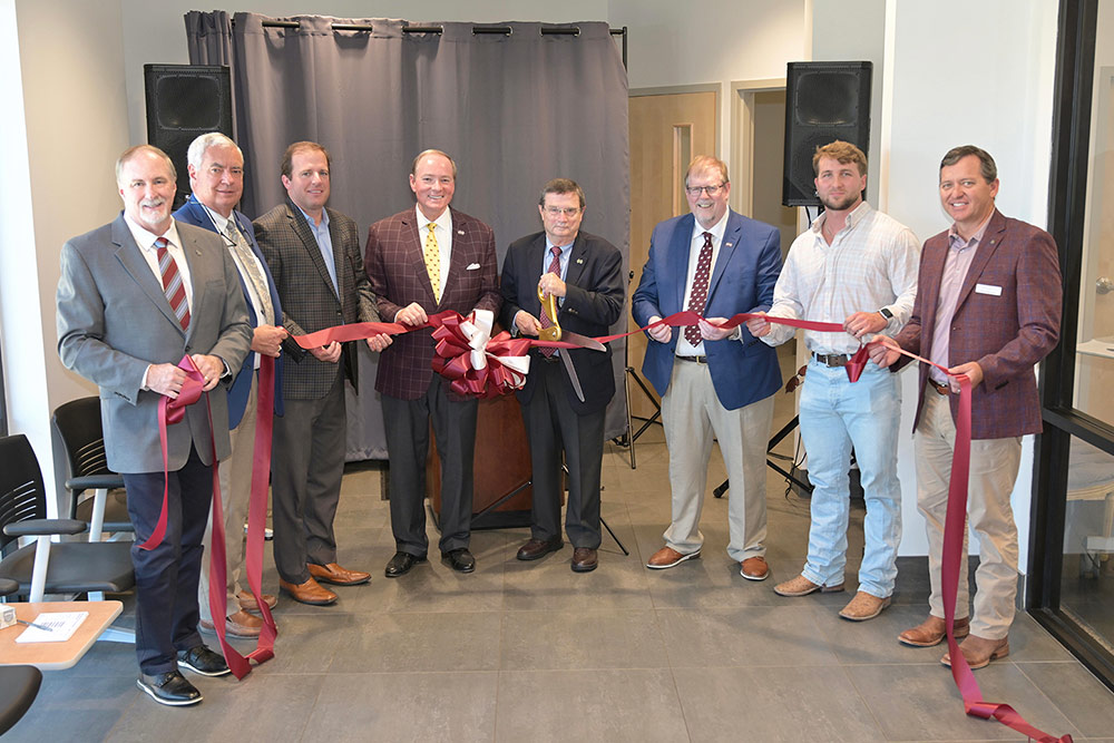 Celebrating a ribbon-cutting ceremony Aug. 17 for the MSU College of Veterinary Medicine’s newly renovated and expanded Animal Emergency &amp; Referral Center are, from left to right, Associate Dean Ron McLaughlin, Assistant Dean for Clinical Services Joey Burt, Sen. Josh Harkins, MSU President Mark E. Keenum, CVM Dean Kent Hoblet, Vice President for the Division of Agriculture, Forestry and Veterinary Medicine Keith Coble, ArCon Project Manager Wade Gibson, and Machado Patano Architects CEO and Principal David Machado.