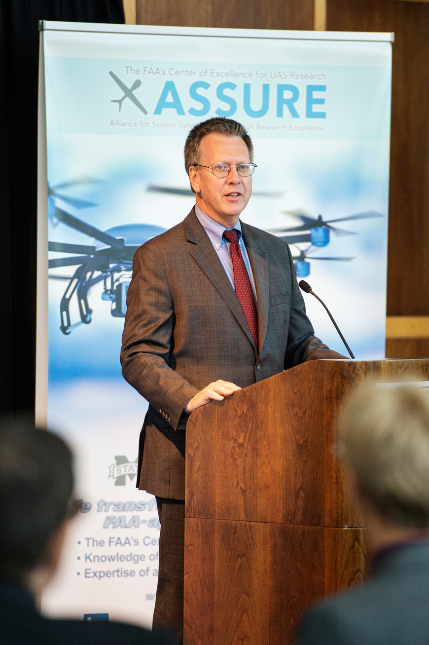 FAA Southern Region Administrator Dennis Roberts was at Mississippi State Tuesday [Sept. 15] for a meeting of the MSU-led Alliance for System Safety of UAS through Research Excellence (ASSURE). (Photo by Megan Bean)