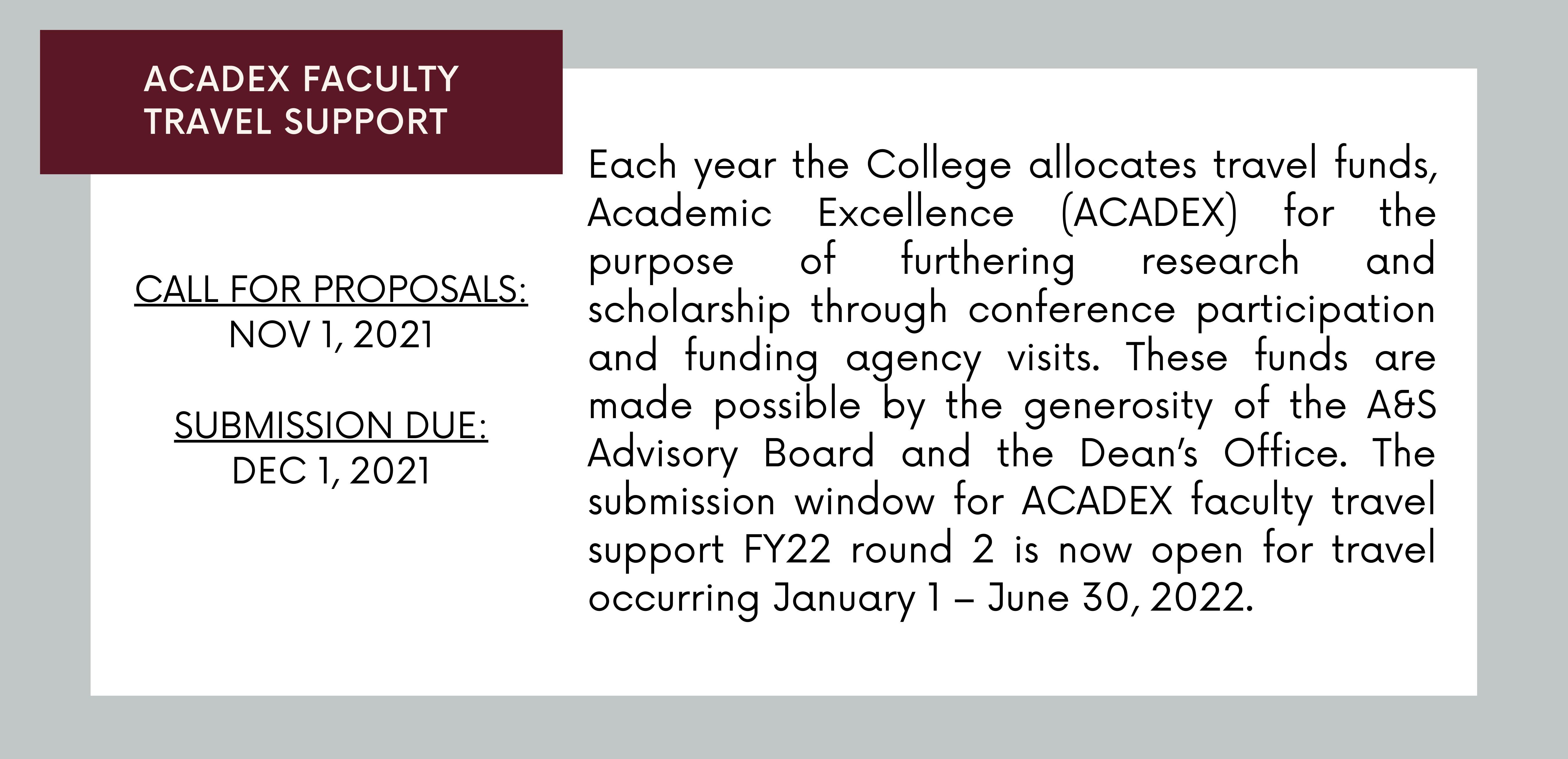 Maroon, white and gray graphic announcing details for Acadex Faculty Travel Support funding opportunity
