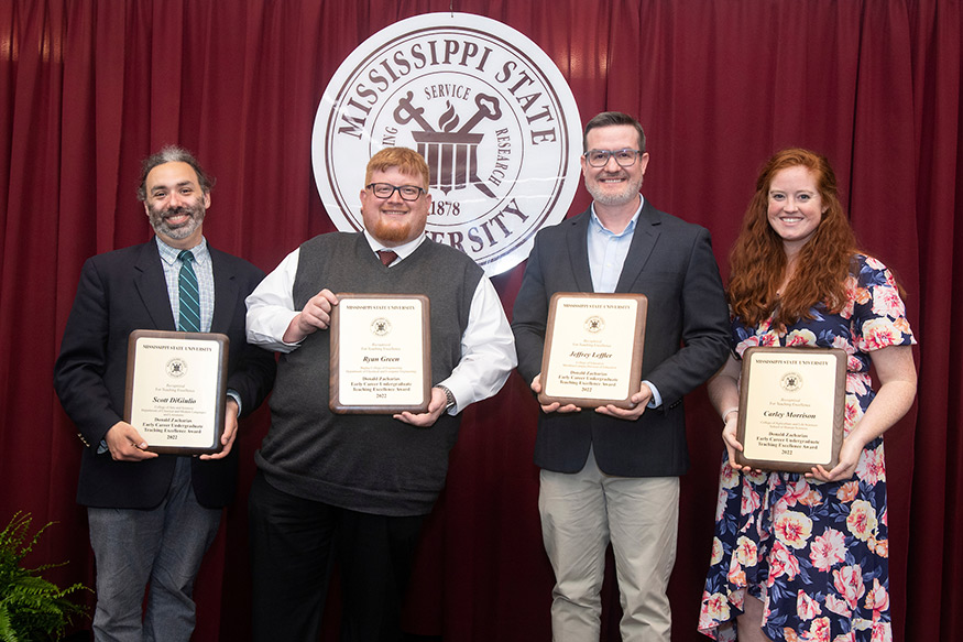 Donald Zacharias Early Career Outstanding Undergraduate Teaching Excellence Award recipients are (l-r) Scott DiGiulio, Ryan Green, Jeff Leffler and Carley Morrison. (Photo by Beth Wynn)