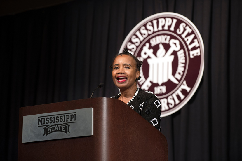 Award-winning author, historian and literacy entrepreneur Irene Smalls of Harlem, New York, was one of two trailblazing figures of the 1960s Black Studies movement in higher education who emphasized the importance of black studies programs during a recent visit to Mississippi State University. During a Monday [Jan. 23] presentation in Colvard Student Union Bill R. Foster Ballroom, Smalls was joined by Natchez native Vernon Smith, a former journalism and radio-TV-film production student at San Francisco State University. Smith shared insight regarding his experience as a Black Student Union member and participant in the student-led strike that spurred the founding of the nation’s first Black Studies Department and School of Ethnic Studies. (Photo by Beth Wynn)