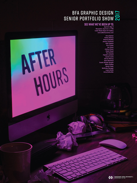 Promotional poster for Mississippi State's "After Hours" BFA Graphic Design Thesis Exhibition