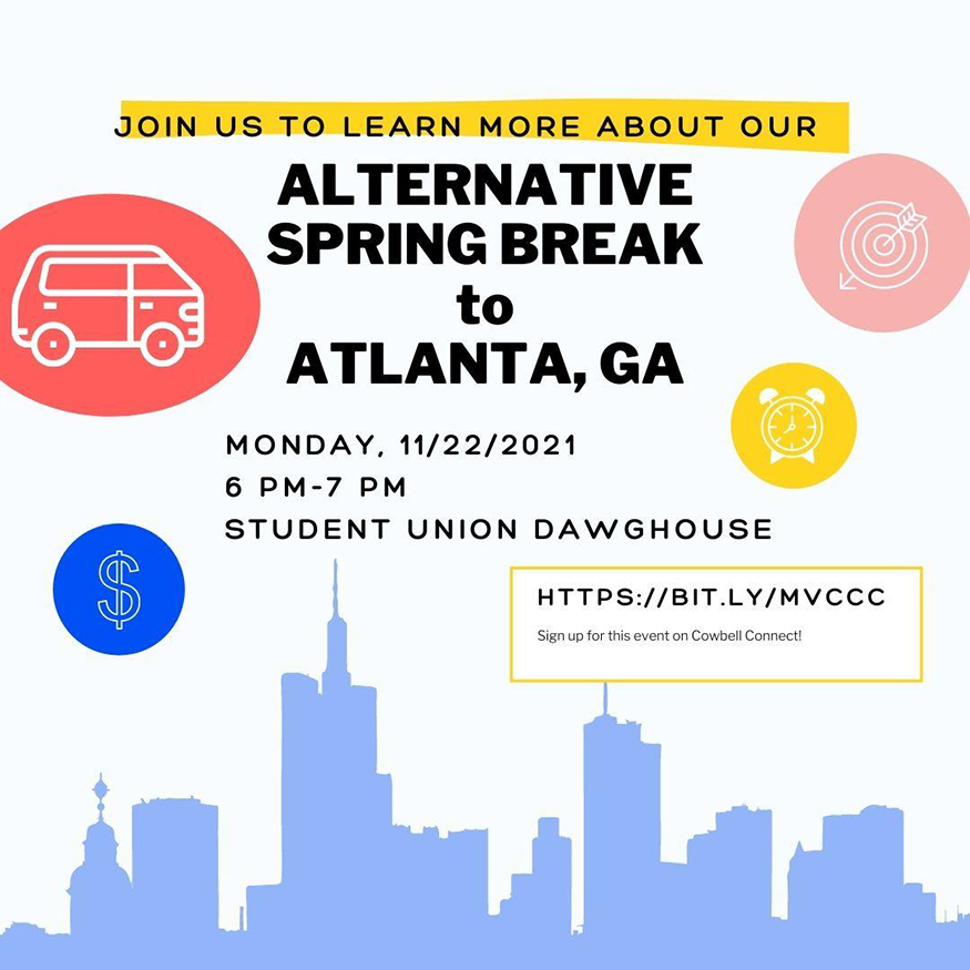 Alternative Spring Break graphic with images of a van, dollar sign, target with an arrow through it, alarm clock and skyscrapers