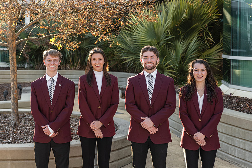 MSU Alumni Delegates officers for this year include, from left, William “Will” Baumhauer of Pascagoula, secretary; Lauren Nichols of Vestavia Hills, Alabama, vice president of public relations; Logan Strietelmeier of Collierville, Tennessee, vice president of member education; and Sophie Jones of Birmingham, Alabama, president. 