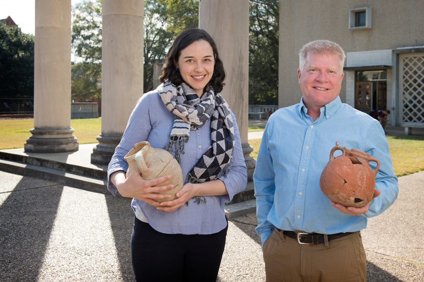 Assistant Professor Kate McClellan and Associate Professor Jimmy Hardin pictured at Mississippi State University’s Cobb Institute of Archaeology. (Photo by Megan Bean)