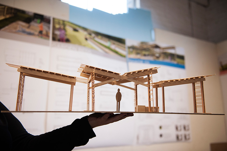 A design model created by MSU architecture majors shows shade areas planned for a community garden improvement project at the Starkville Boys and Girls Club. Involving a significant campus collaboration, the project also will feature six raised garden beds, two shade areas and storage space. (Photo by Megan Bean)