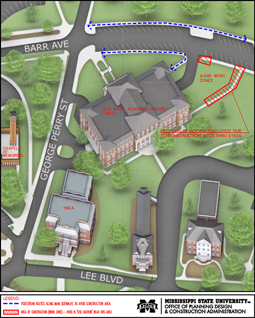 Map showing construction area for sidewalk east of Old Main Academic Center