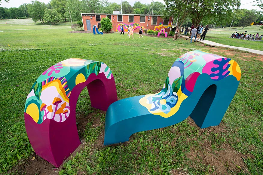 Colorful sculptures newly installed outside the J.L. King Community Center