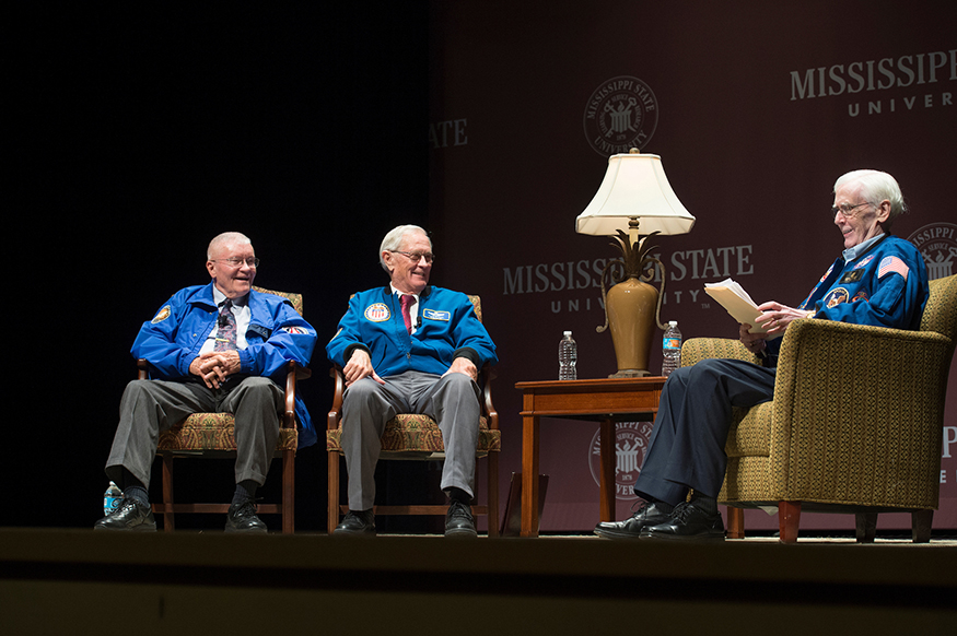 From left to right, Apollo astronauts Fred Haise and Charlie Duke, along with former Apollo engineer and MSU alumnus Jerry Bostick, recall their experiences working on NASA space missions during a Wednesday [Oct. 11] event at Mississippi State. (Photo by Megan Bean)
