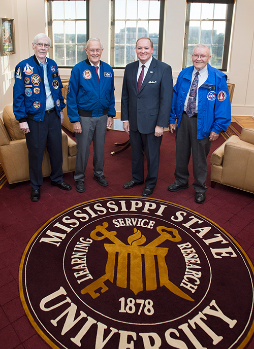 MSU President Mark E. Keenum visits with Apollo astronauts Fred Haise and Charlie Duke, and Apollo engineer and MSU alumnus Jerry Bostick on Wednesday [Oct. 11]. The space exploration pioneers spoke to the MSU community as part of a celebration of the university joining the prestigious Astronaut Scholarship Foundation. (Photo by Megan Bean)
