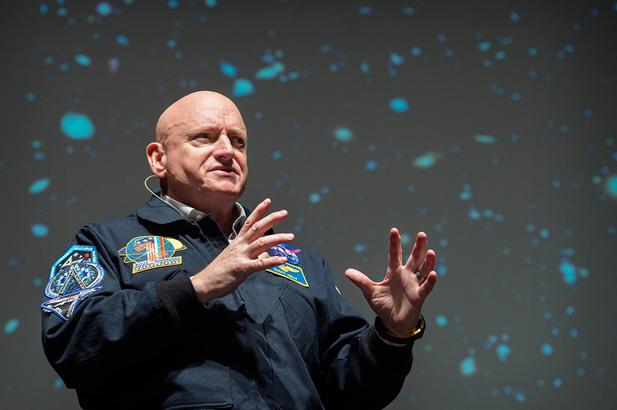Former astronaut and International Space Station commander Scott Kelly speaks at Mississippi State University on Thursday [Feb. 21] as part of the MSU Student Association’s Global Lecture Series. (Photo by Megan Bean)