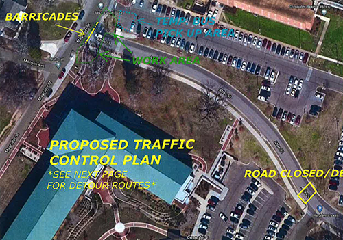 Proposed traffic control plan showing an overhead view of Atlas Street on the MSU campus
