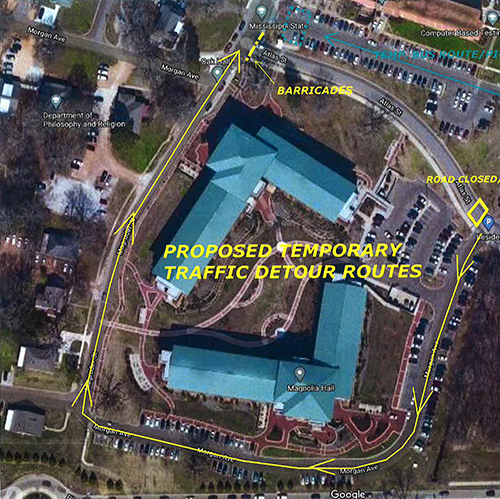 Proposed temporary traffic detour routes showing an overhead view of Atlas Street on the MSU campus